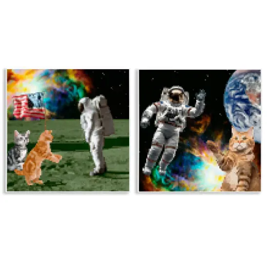 Stupell Industries Cats & Astronauts in Space 2pc Wall Plaque Art Set Design by June Erica Vess  {1}