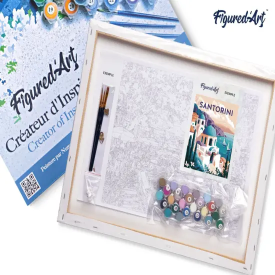 Figured'Art Paint by Numbers for Adults with Frame Travel Poster Santorini 16"x20" - Craft Art Painting DIY Kit Canvas Already Stretched on a Wooden Frame {5}