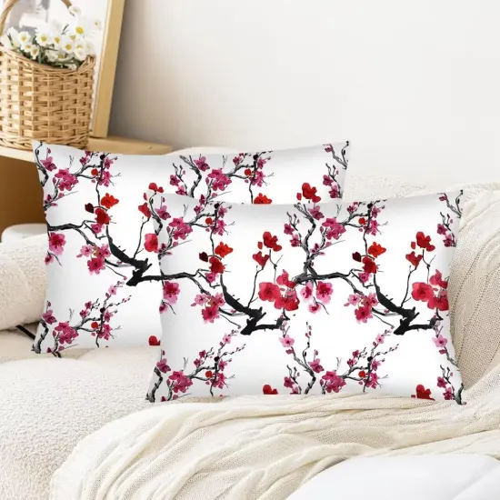 Cherry Blossom Throw Pillow Cover Queen Size Set of 2 Japanese Flowers Blossoms Spring Floral Lumbar Pillow Case Soft Standard Pillow Cases with Zipper Soft Decorative Cushion Covers,20"x30",White {2}