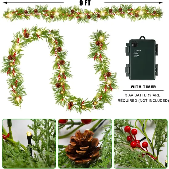 9FT Pre-lit Christmas Garland, 30 LEDs Xmas Lighted Garland with Pinecones {2}