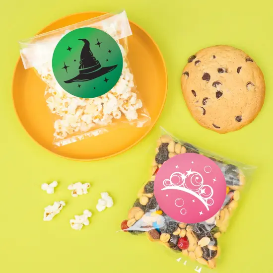 Big Dot of Happiness Pink & Green Witch Stickers and Clear Cookie Bags, Cellophane Treat Bags 4.25x7 Inches, Birthday or Halloween Favor Gifts - 25 Ct {5}
