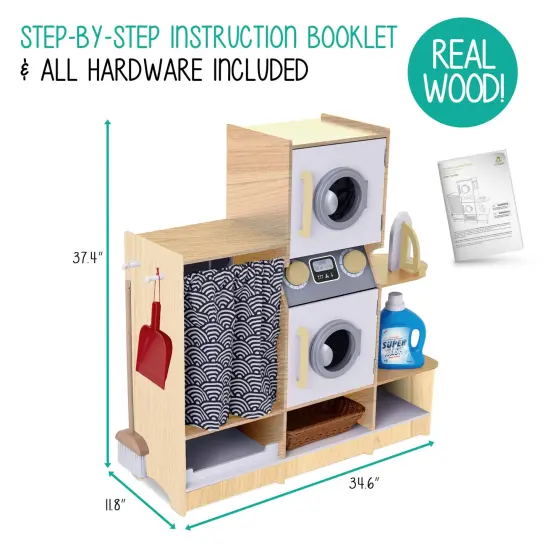 Lil' Jumbl Wooden Pretend Laundry Playset for Kids with Washer and Dryer Natural {3}