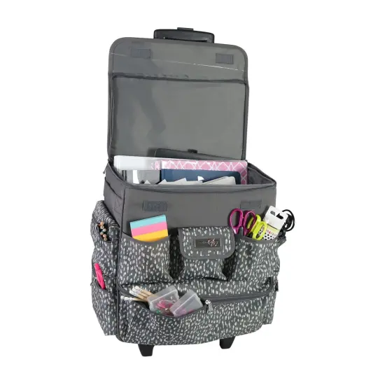 Multi-Compartment Teacher Rolling Tote, Grey & White {1}