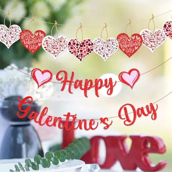 Happy Valentines Day Banner Red Glittery Paper Decorations {3}