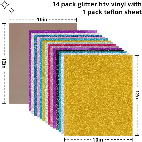 Glitter Heat Transfer Vinyl Bundle - 15 Pack 12" x 10" HTV Sheets Glitter HTV Vinyl for T-Shirts {2}