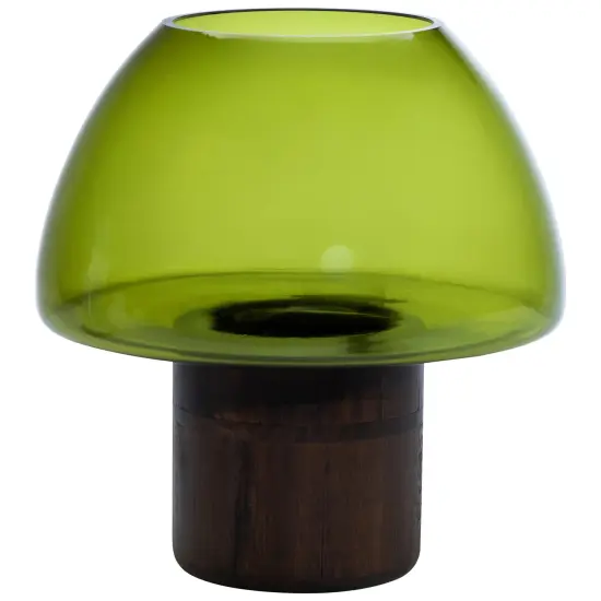 Northlight Transparent Glass Candle Holder with Wooden Base - 9.75" - Olive Green {5}
