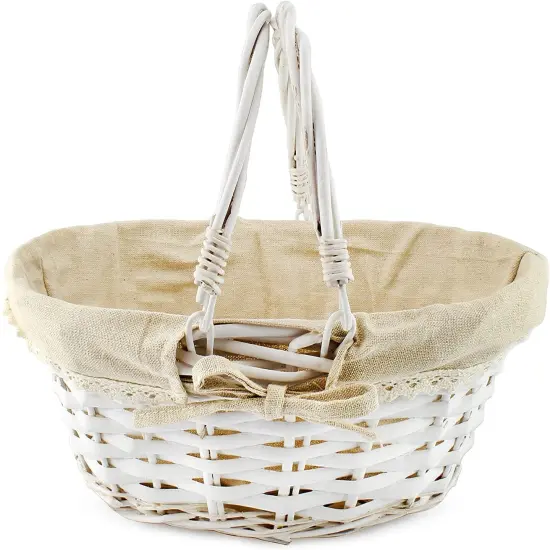 Wicker Basket with Handles Cloth Liner Easter Picnic Gift White {1}