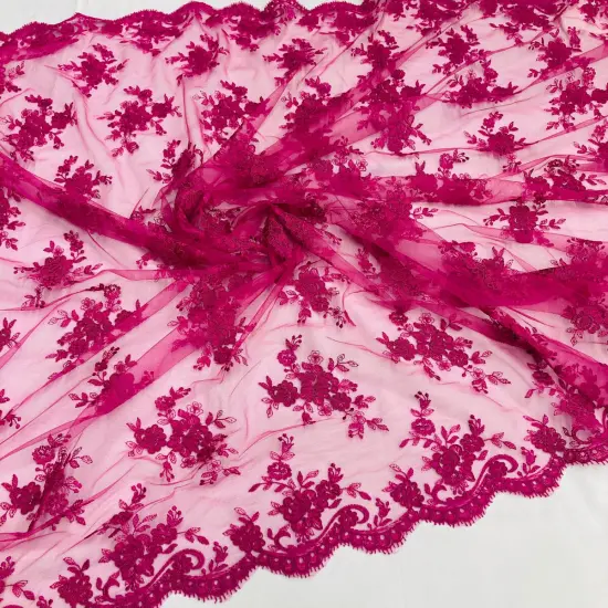 1 Yard Elegant Corded Bridal Lace Fabric with Embroidered on 100% Polyester Net Mesh 56" Width Fuchsia {1}