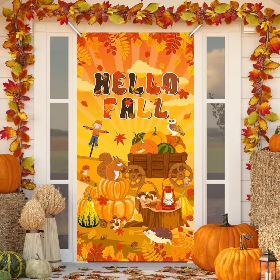 Hello Fall Maple Pumpkin Front Door Banner - Autumn Yard Sign {1}