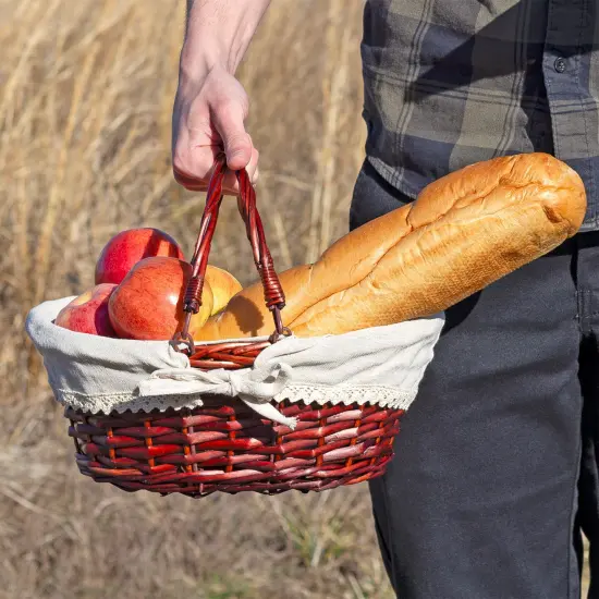Wicker Basket with Handles Cloth Liner Easter Picnic Gift Brown {4}
