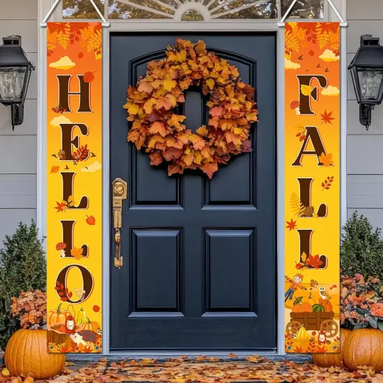 Hello Fall Banner Fall Party Porch Signs Maple Pumpkin Hanging Door {1}