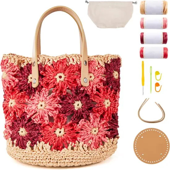 Crochet Kit - Floral Raffia Bucket Bag (Rosy Bloom) {1}