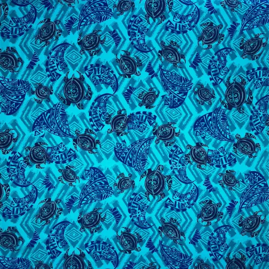 1 Yard Sea Turtles Polynesian Tattoo Fabric, 100% Rayon Poplin, 36in L x 45in W Aqua/Navy/Royal {1}