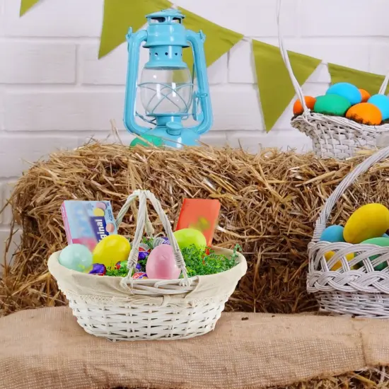 Wicker Basket with Handles Cloth Liner Easter Picnic Gift White {2}