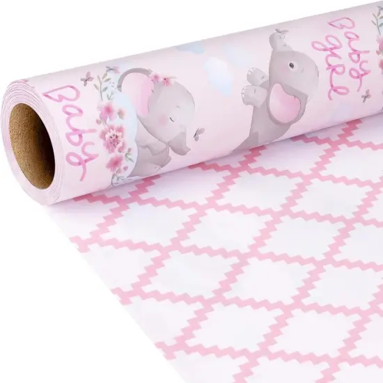 LaRibbons 17" X 33' Reversible Wrapping Paper | Baby Elephant w/ Quilted Back Pink {2}