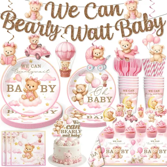 152 PCS We Can Bearly Wait Baby Shower Decorations Girl (Pink) {1}