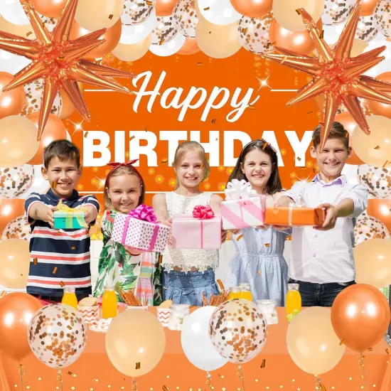 62pcs Orange Birthday Decorations Orange Happy Birthday Banner Balloons {2}