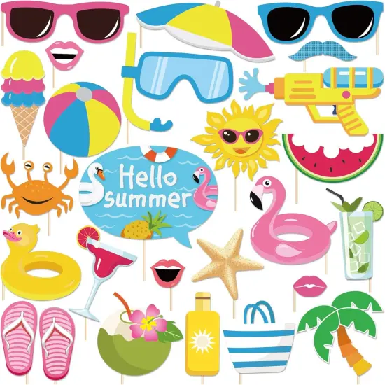 25Pcs Hello Summer Pool Photo Booth Props with Stick {1}