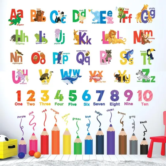 Alphabet Numbers and Colouring Pencils Wall Stickers Decals {1}