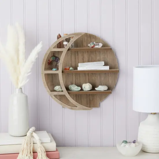 Wooden Moon Shelf, Rustic-Style Home Wall Decor, 12x12x3-Inch Crystal Holder for Stones Display and Essential Oils (Brown) {2}