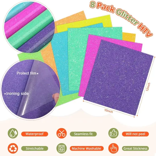 8 Packs Glitter Iron on Vinyl for Shirts, Sparkle 12''x10'' {3}