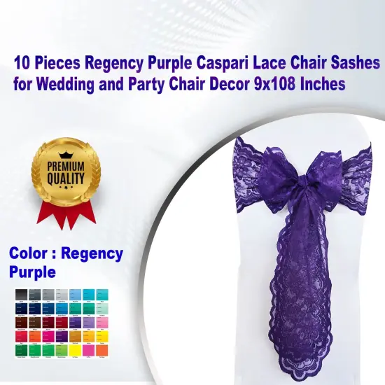 10 Pieces Regency Purple Caspari Lace Chair Sashes for Wedding and Party Chair Decor 9x108 Inches {1}