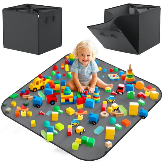 YOHOOLYO Toy Storage Organizer & Play Mat 43.3", Large 15&times;13&times;13" Collapsible Storage Cube Bin with Handles for Building Bricks, Boys, Girls, Playroom, Nursery (M, Black) {2}