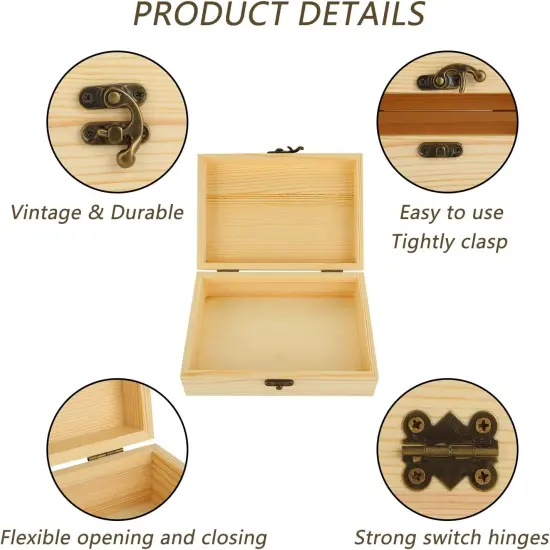4 Pack Unfinished Wood Boxes, 7.2 Inch Unpainted Wooden Box with Hinged Lid, Small Plain Pine Wood Storage Boxes {4}
