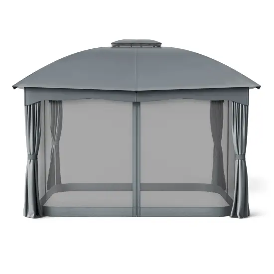Polyester and Steel Gazebo with Mesh Walls, Curtains and Double Roof Brown {4}