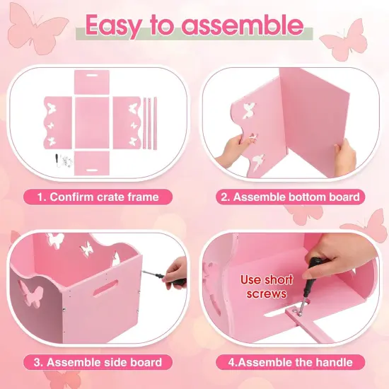 Wooden Crate for Baby Shower Storage Crate Basket with Handle Baby Registry Hamper Pregnancy Gift for New Parent(Pink,Butterfly) {3}