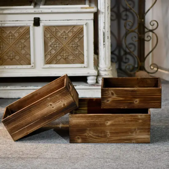 Farmhouse Wood Crate Box Set of 3, Distressed Wooden Crates for Display, Decorative Wood Storage Bins, Rustic Wooden Basket with Side Handles, Home Container Decor for Living Room Outdoor {3}