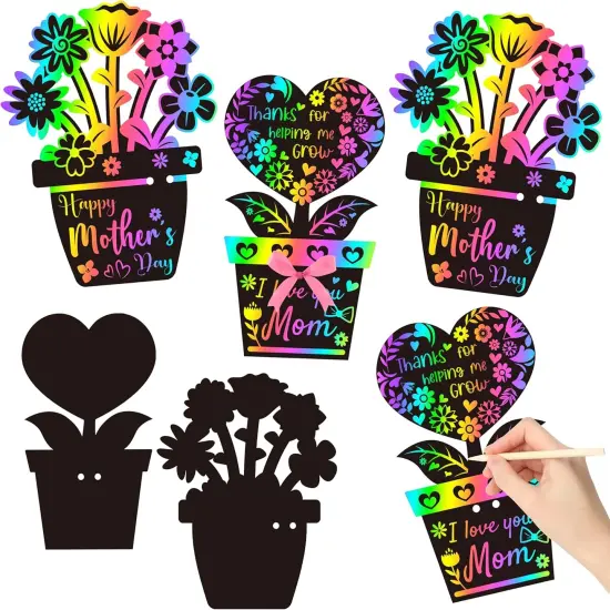Flower Scratch Cards Craft - 60Pcs Mother's Day Flower Pot Scratch Cards Kit for Kids DIY Magic Color Craft Set Teacher Appreciation Gift School Classroom Home Fun Activities {1}