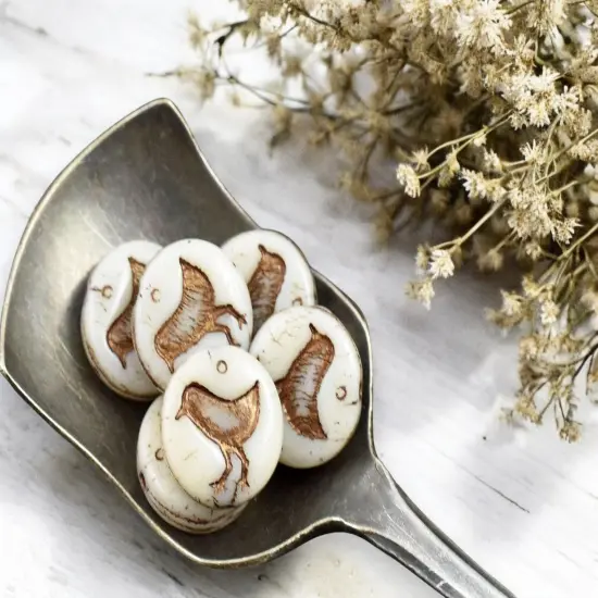 *15* 12mm Bronze Washed Opaque Beige Bird Coin Beads {4}