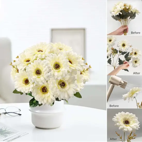 14 Summer Heads Artificial Gerbera Daisies For Tabletop Decor, 2 Bouquets Silk Daisy Flowers Artificial with Leaves & Seedling Shoots, Artificial Wild Flowers for Wedding, Party, Home Indoor Outdoor Decor {4}