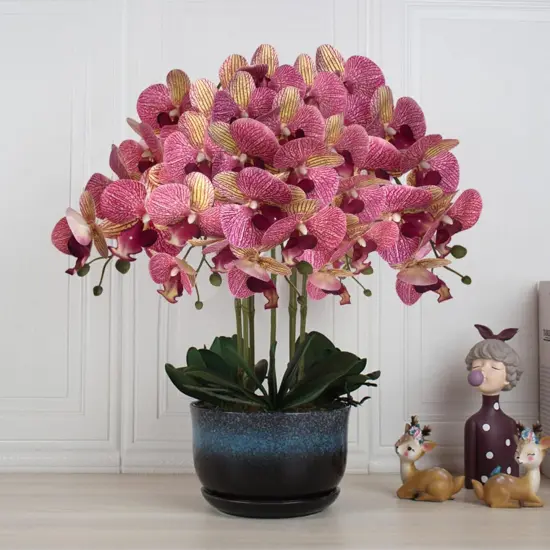 32" Artificial Phalaenopsis Flowers 4 Pcs with 2 Bundles Leaves Artificial Orchid Flowers Stem Plants Fake Butterfly Phalaenopsis Flowers for Home Wedding Party D&eacute;cor (Purple Dapple) {4}