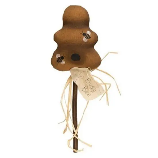 Primitive Beehive Decoration Golden Linen Busy Bee Pick with Wooden Dowel and Raffia Accent {1}