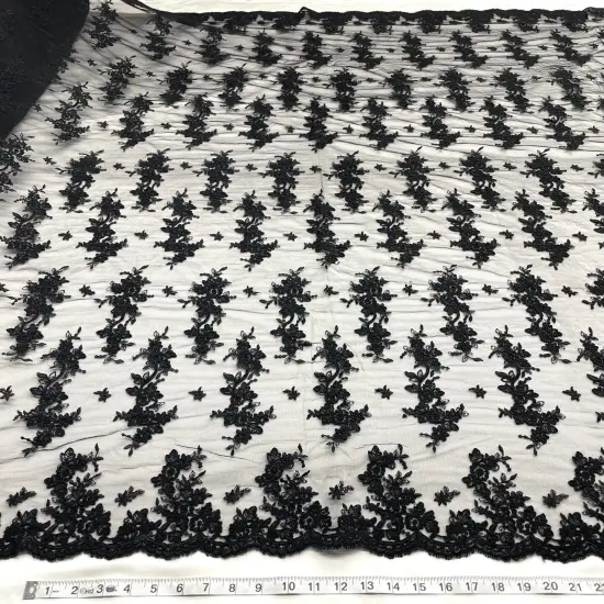 1 Yard Corded Bridal Lace Fabric Embroidered Elegant Net Mesh Couture Gown 54" Width Black {1}