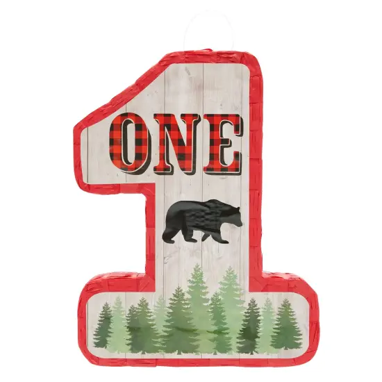 Number 1 Pinata for Kids Lumberjack First Birthday Decorations, Red/Black Buffalo Plaid (16.6 x 13 x 3 In) {3}