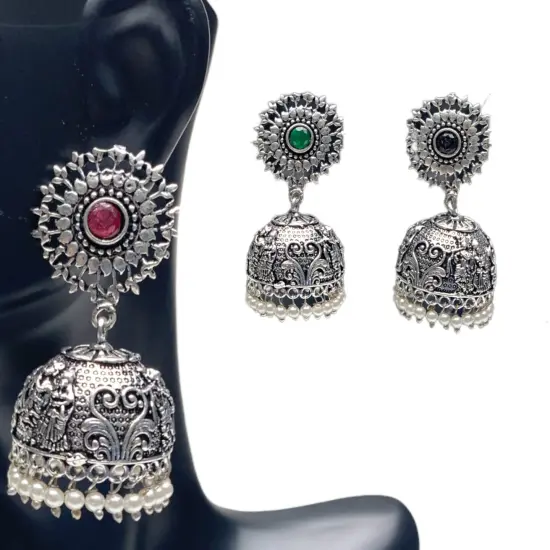 Indian Oxidized Jhumka Earrings for Women - Indian Floral Oxidized Jhumki Ethnic Chandbali Earrings Faux Pearls with Oxidized Platting Bollywood Style Dangle Earring Jewelry for Bride GREEN {3}