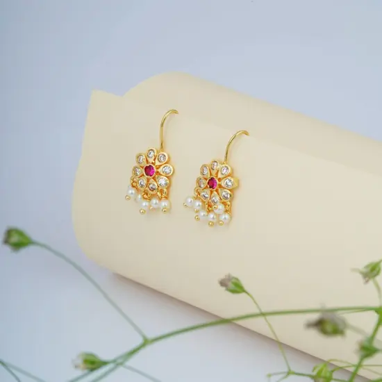 Boho Vintage Flower Earrings for Women - Faux Pearl Round Flower Leverback Earrings Beaded Floral Dangle Drop Earrings with Gold Platting Indian Jewelry for Bride Birthday Gift for Her {3}