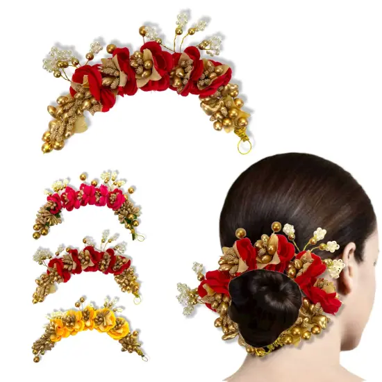 Designer Rose Gajra Traditional Indian Hair Accessory Artificial Flower Jewelry Handmade Veni Tiara for Women Party Wear Bridal Mehndi Hair Bun Classical Dance Jewelry Red {5}