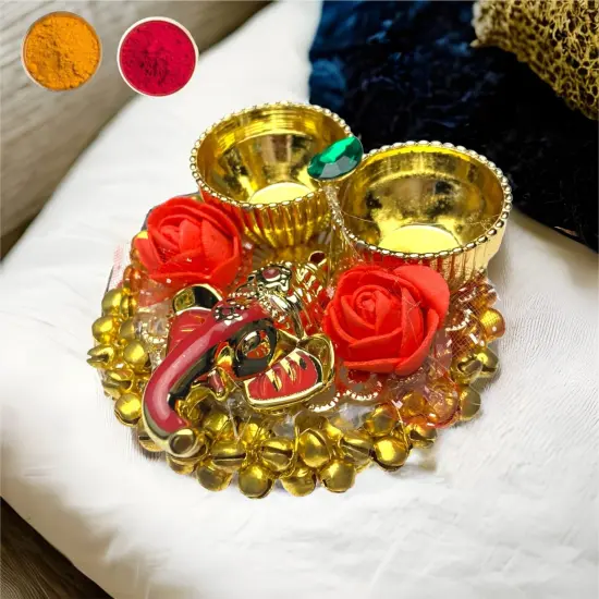 Pack of 4 Ganesha Bulk Haldi Kumkum Thali Holder Pooja Return Gift Indian Housewarming Gifts Haldi Kumkum Holders Roli Chawal Platter Indian Wedding Favor {6}