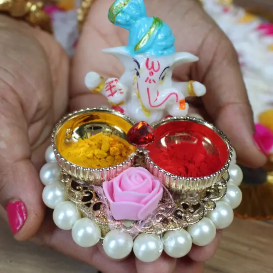 Pack of 4 Bulk Decorative Plate Indian Pooja Thali with Ganesh Murti Artificial Flower and Bowls Haldi Kumkum Platter Teej Diwali Pooja Return Gift Housewarming Gift {1}