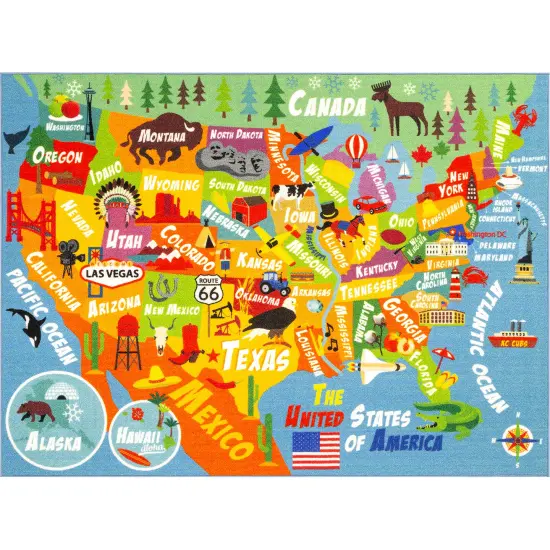 KC Cubs: Educational Rug: USA Map - 8x10' Playmat -Interactive Geography Play, United States Activity Area Carpet, Bedroom-Classroom, Baby-Toddler-Kid {1}