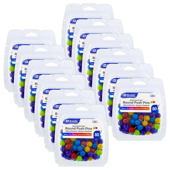 Round Push Pins, Assorted Color, 80 Per Pack, 12 Packs {1}