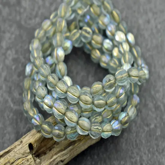 *25* 6mm Gold Washed Matte Blue Aqua AB Faceted Round Melon Beads {2}