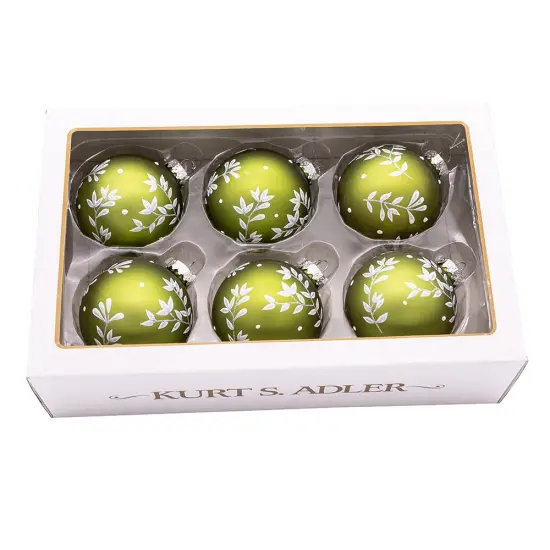 Kurt Adler 80MM Green Leaf Design Ball Ornaments, 6 Piece Set {5}