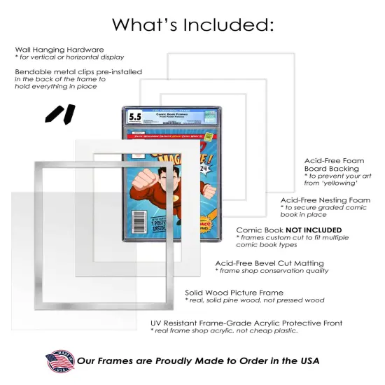 Comic Book Frame with Mat for 6 Graded Comics - Silver Wood Comic Frame With White Mat for 8.125x13 Comics - 20.75x44.5 Frame Size {3}