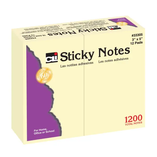 Sticky Notes, 3" x 5", Plain, Yellow, 12 Pads {1}