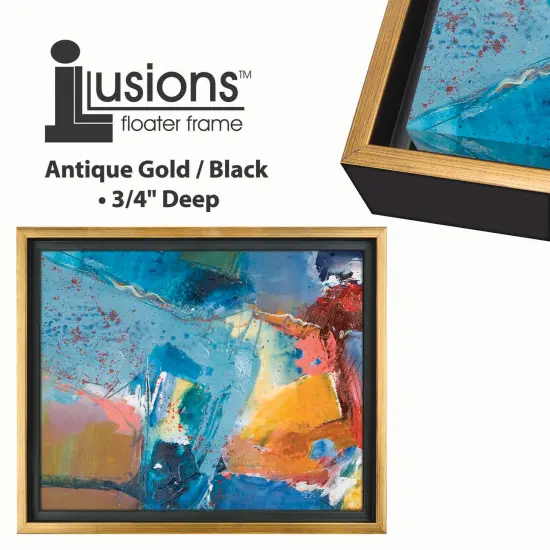 Creative Mark Illusions Floater Frame For 3/4" Deep Canvases - Black w/Antique Gold Edge - Set of 4 - For Galleries & Home Decor - Wood Floater Frames for Canvas Paintings- Complete Hanging Hardware {4}
